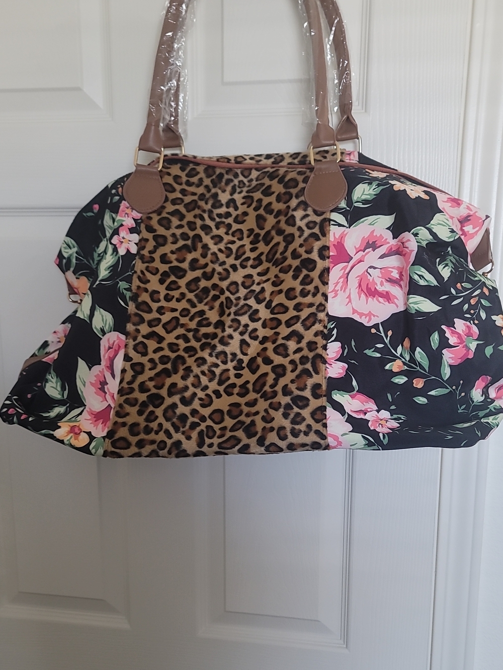 Floral & Leopard Print Travel Tote Bag - Pink, Black & Brown